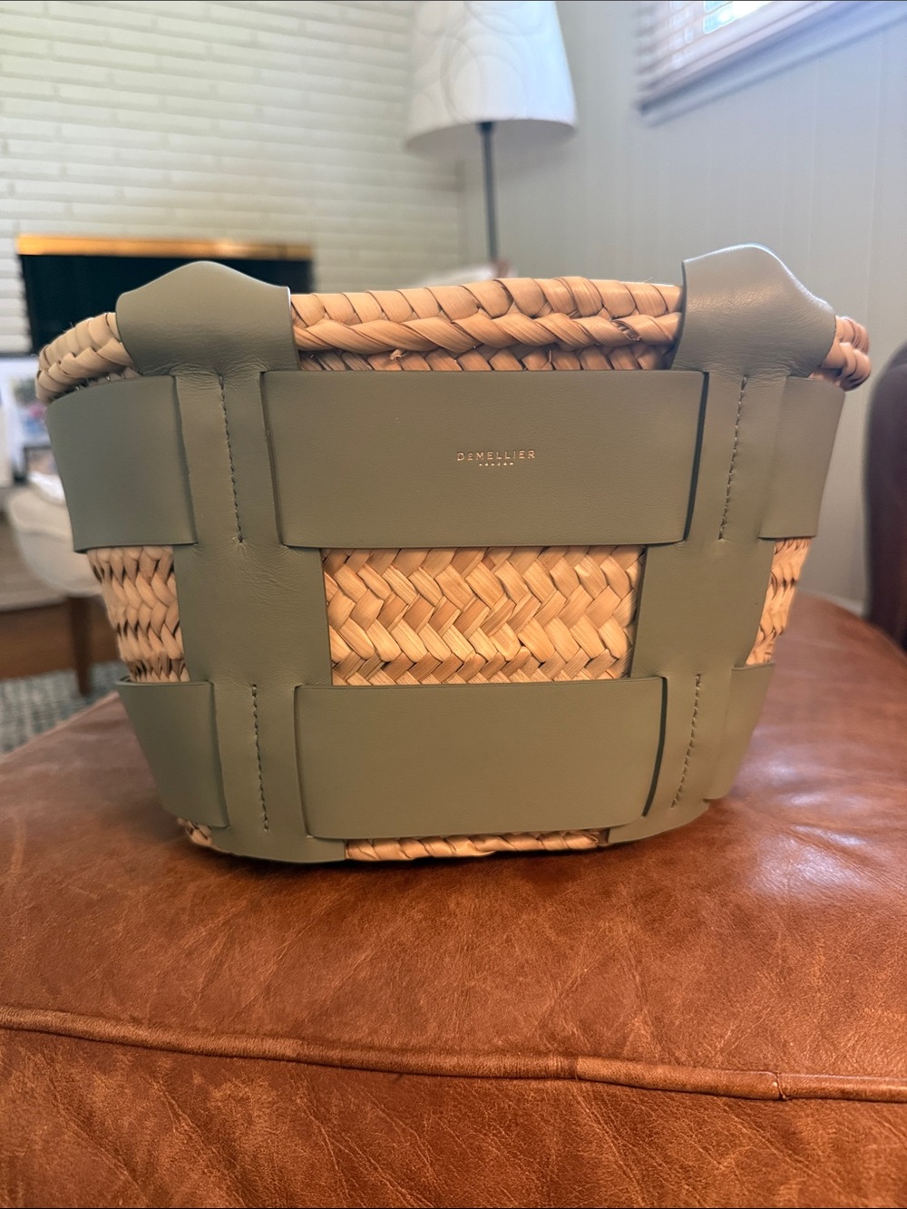 DeMellier Light Green Leather Trim Mini Santorini Woven Tote
